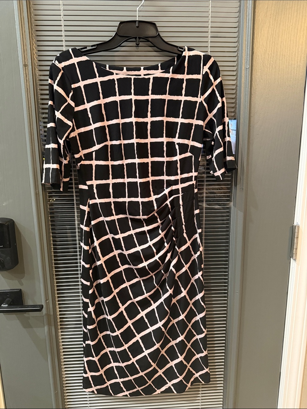 connected apparel Black and Pink Grid Ruched Midi Dress
